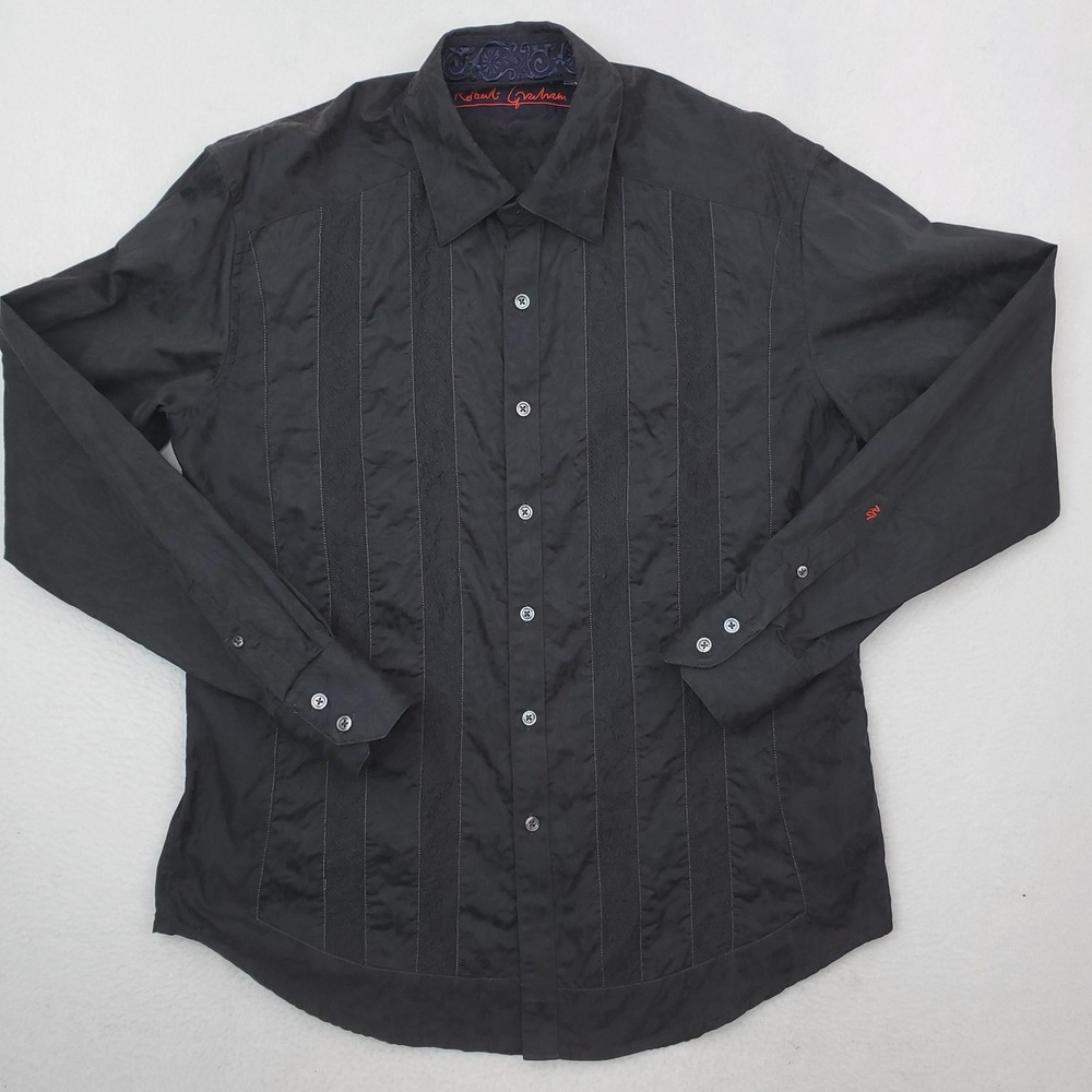 Robert Graham Shirt Mens M Black Jacquard Stripe Button Up Embroidered Flip Cuff